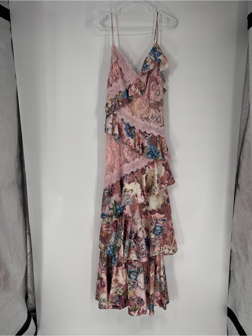 BHLDN Elora Pink Romantic Floral Lace Formal Bohemian Ruffle Maxi Dress Gown 12